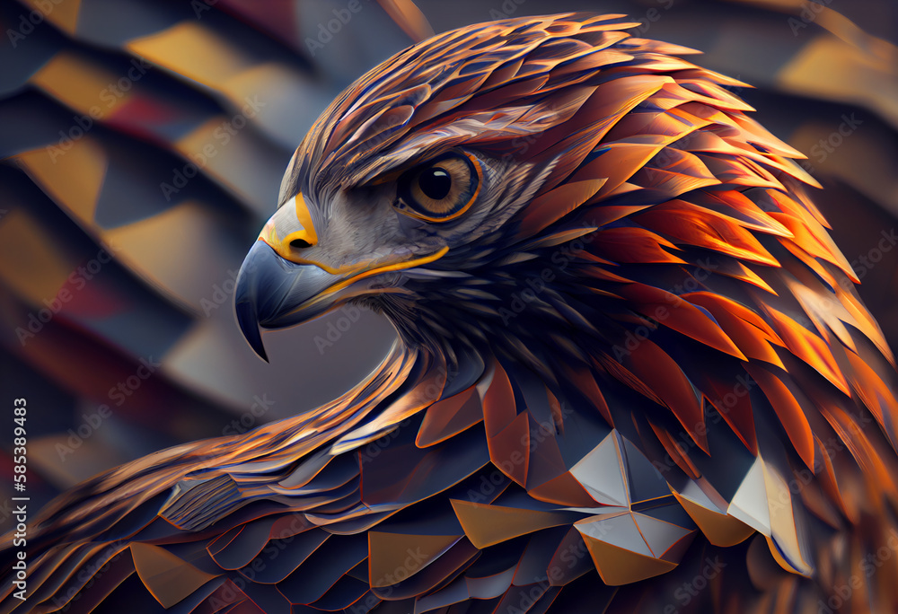 Aufkleber A complex, multi-layered pattern of interlocking shapes that resembles a Falcon  face.  Generative AI technology.
