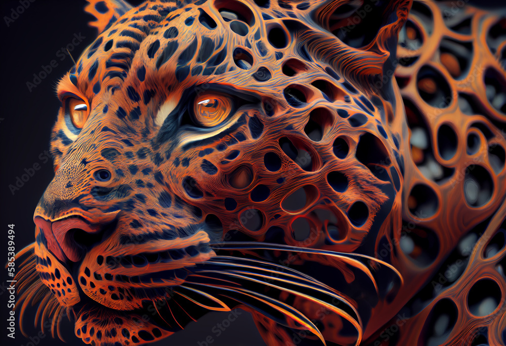 Poster A complex, multi-layered pattern of interlocking shapes that resembles a Leopard  face.  Generative AI technology.

