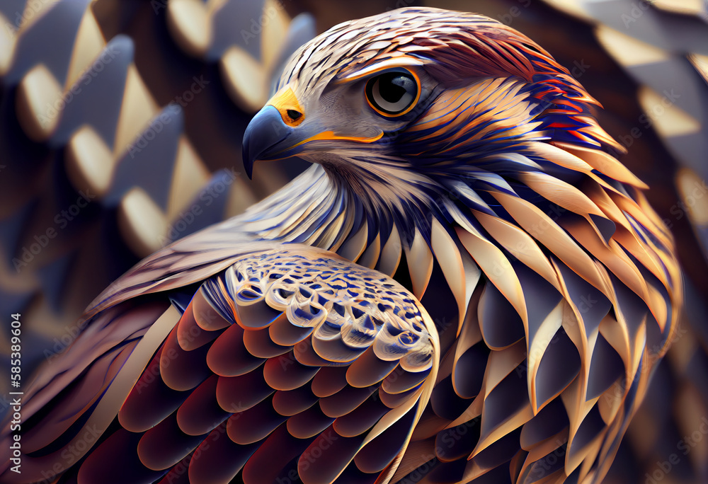 Poster A complex, multi-layered pattern of interlocking shapes that resembles a Falcon  face.  Generative AI technology.
