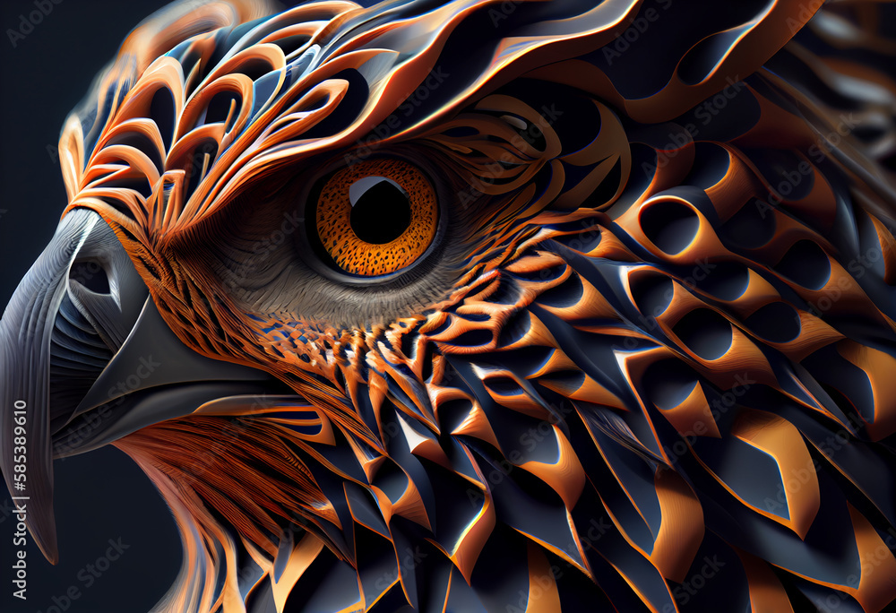 Poster A complex, multi-layered pattern of interlocking shapes that resembles a Falcon  face.  Generative AI technology.
