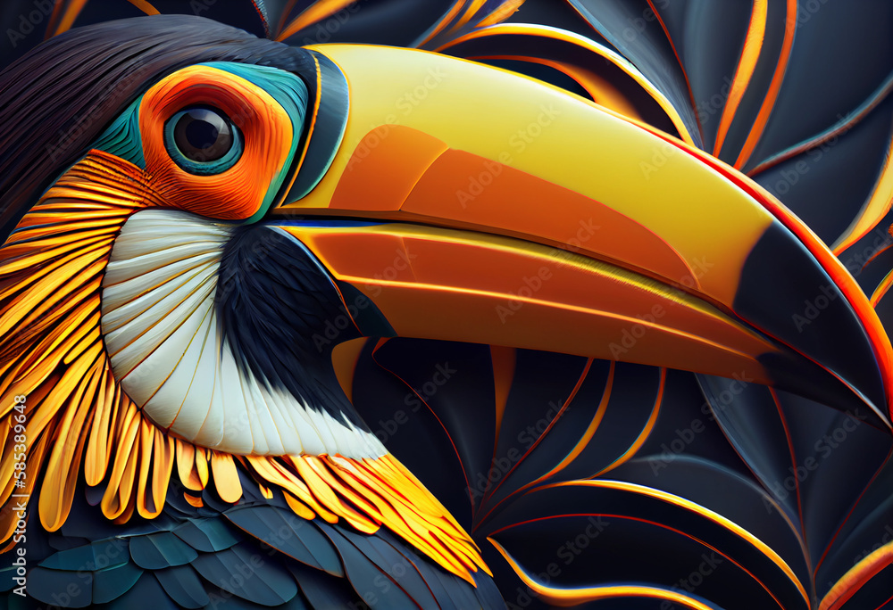 Poster A complex, multi-layered pattern of interlocking shapes that resembles a Toucan face.  Generative AI technology.
