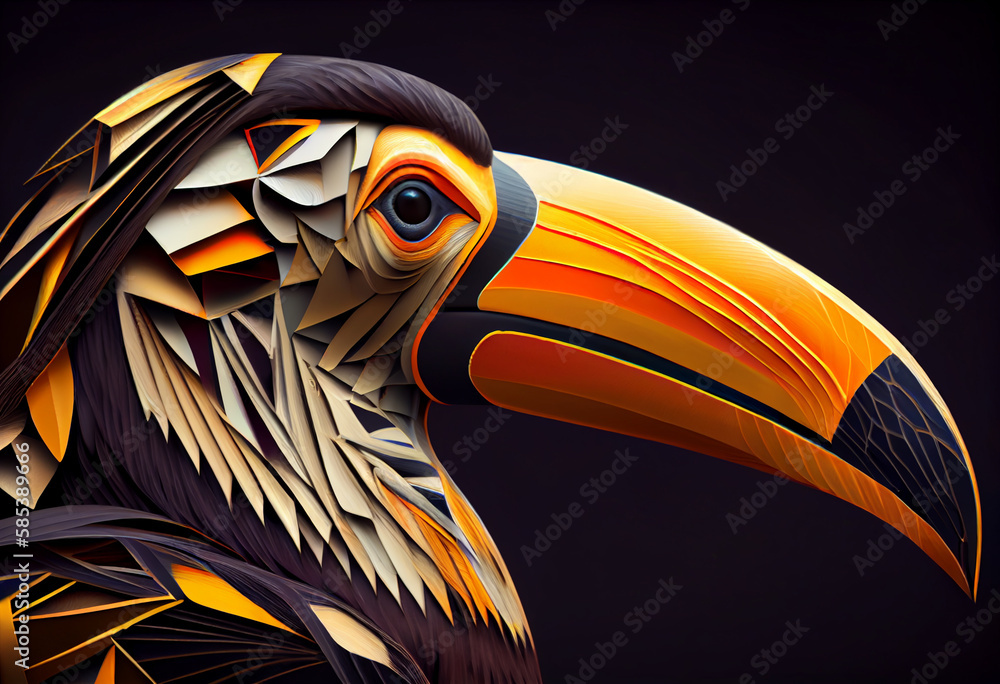 Poster A complex, multi-layered pattern of interlocking shapes that resembles a Toucan face.  Generative AI technology.
