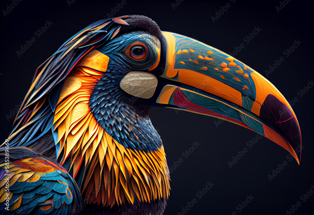 Aufkleber A complex, multi-layered pattern of interlocking shapes that resembles a Toucan face.  Generative AI technology.
