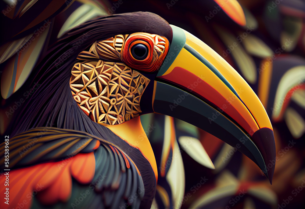 Poster A complex, multi-layered pattern of interlocking shapes that resembles a Toucan face.  Generative AI technology.
