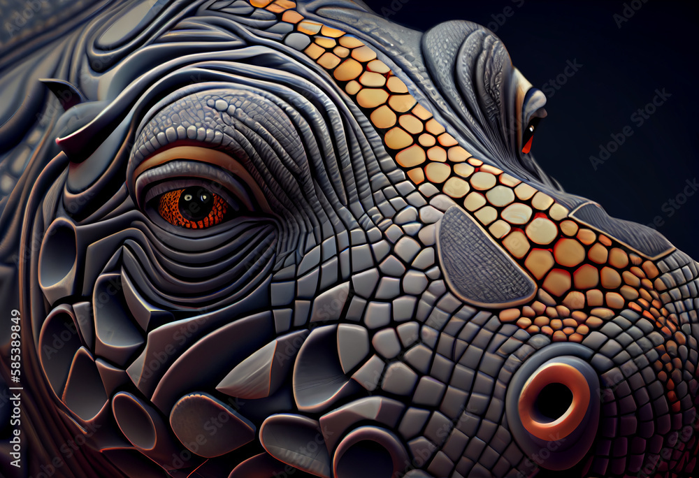 Aufkleber A complex, multi-layered pattern of interlocking shapes that resembles a Hippo  face.  Generative AI technology.
