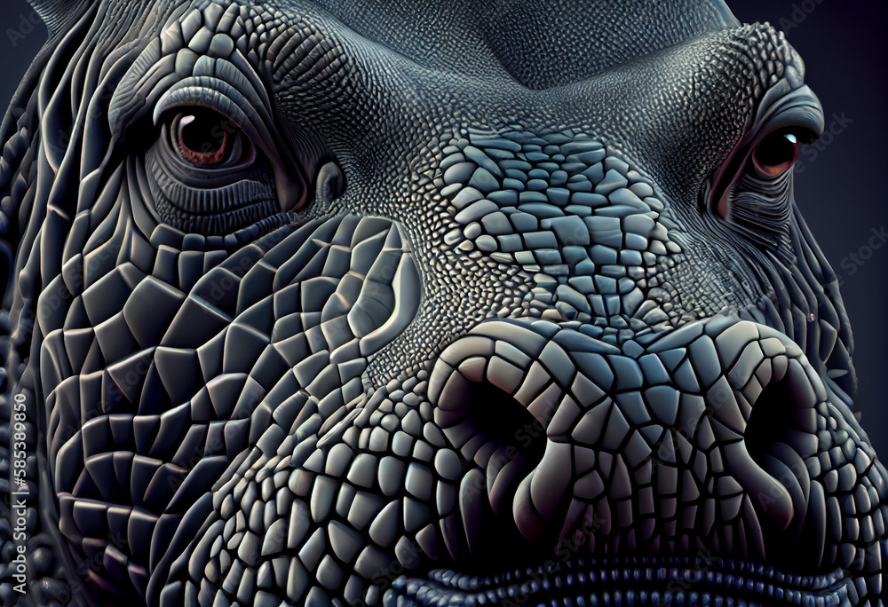 Poster A complex, multi-layered pattern of interlocking shapes that resembles a Hippo  face.  Generative AI technology.
