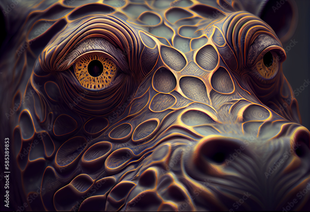 Poster A complex, multi-layered pattern of interlocking shapes that resembles a Hippo  face.  Generative AI technology.
