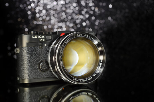 Bangkok/Thailand - March 26, 2023 : Super fast lens by larger maximum aperture at 50mm f0.95 since 1961 with nickname &ldquo;Dream Lens&rdquo; from Canon Inc., Japan on Leica M7 film 35mm camera.