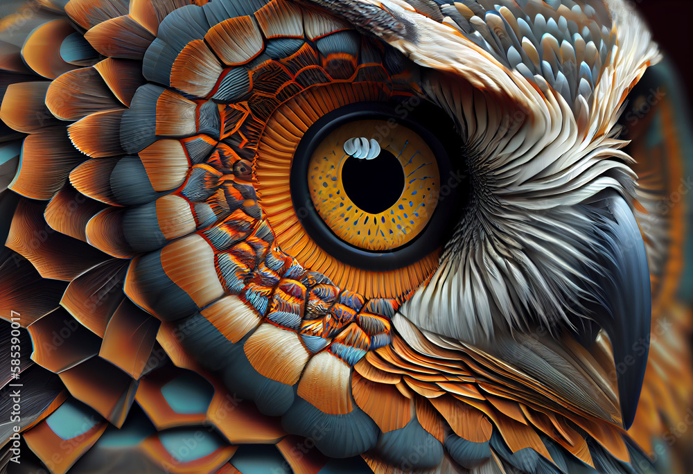 Aufkleber A complex, multi-layered pattern of interlocking shapes that resembles a owl face.  Generative AI technology.

