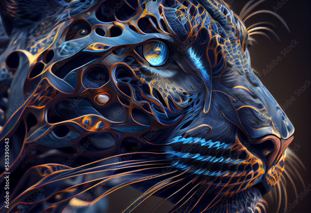 Poster A complex, multi-layered pattern of interlocking shapes that resembles a Panthera  face.  Generative AI technology.
