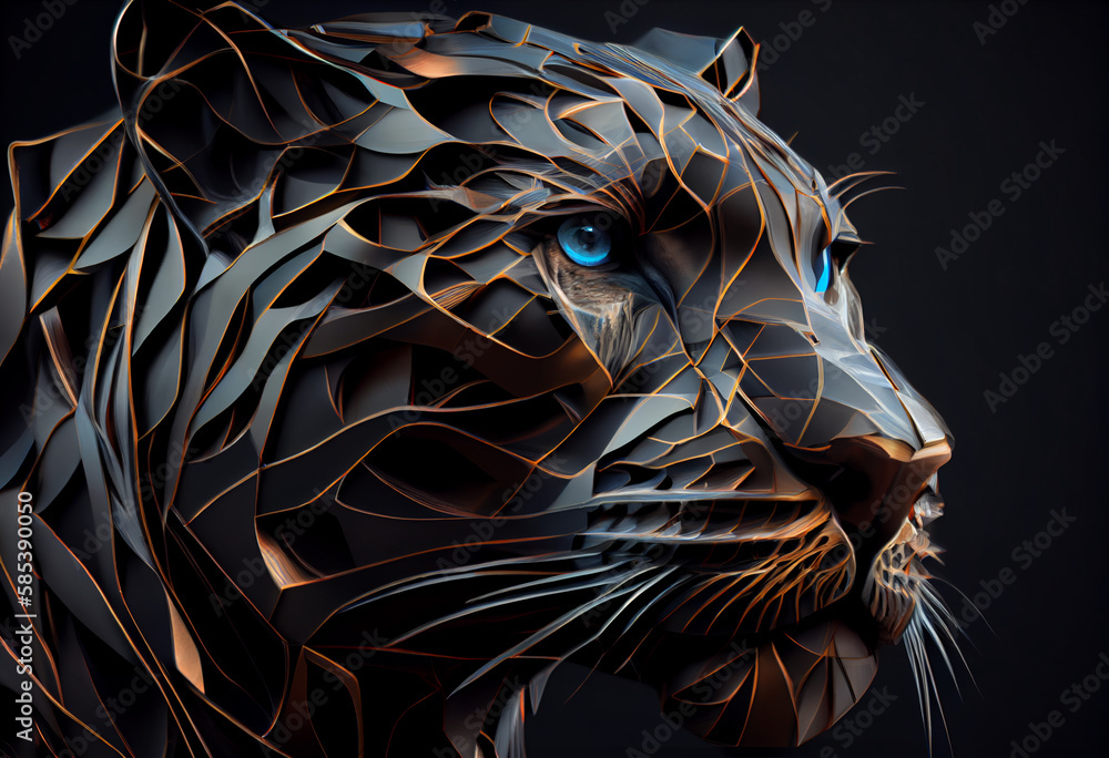 Aufkleber A complex, multi-layered pattern of interlocking shapes that resembles a Panthera  face.  Generative AI technology.
