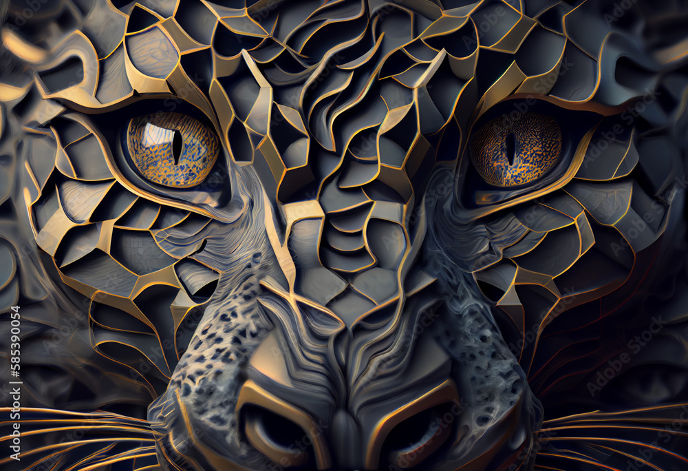 Poster A complex, multi-layered pattern of interlocking shapes that resembles a Panthera  face.  Generative AI technology.
