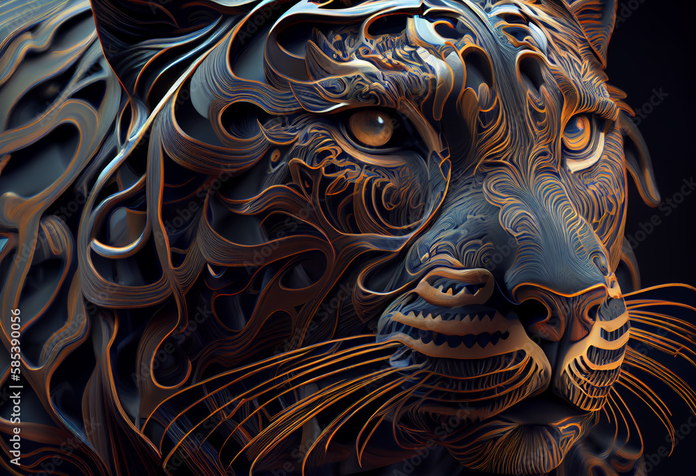 Poster A complex, multi-layered pattern of interlocking shapes that resembles a Panthera  face.  Generative AI technology.
