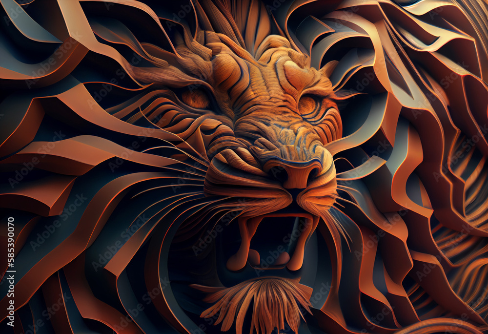 Poster A complex, multi-layered pattern of interlocking shapes that resembles a Lion  face.  Generative AI technology.
