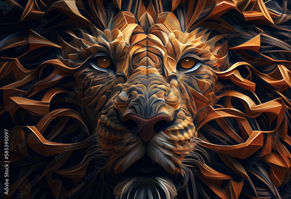 Poster A complex, multi-layered pattern of interlocking shapes that resembles a Lion  face.  Generative AI technology.
