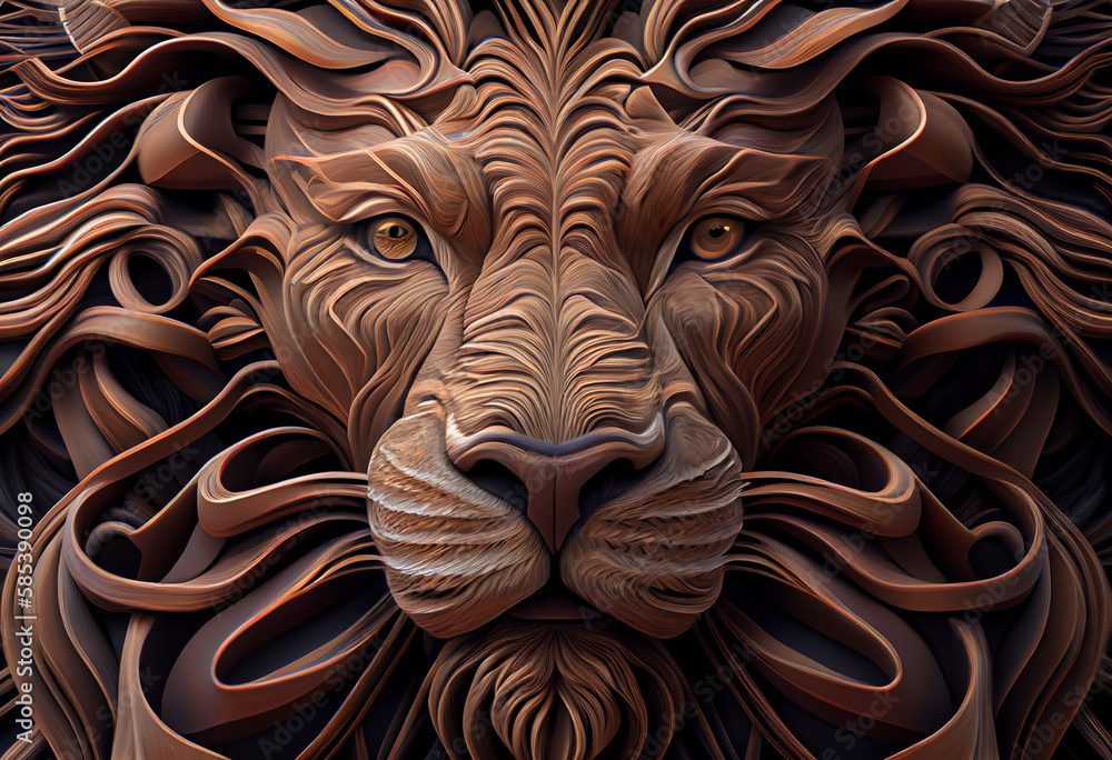 Aufkleber A complex, multi-layered pattern of interlocking shapes that resembles a Lion  face.  Generative AI technology.
