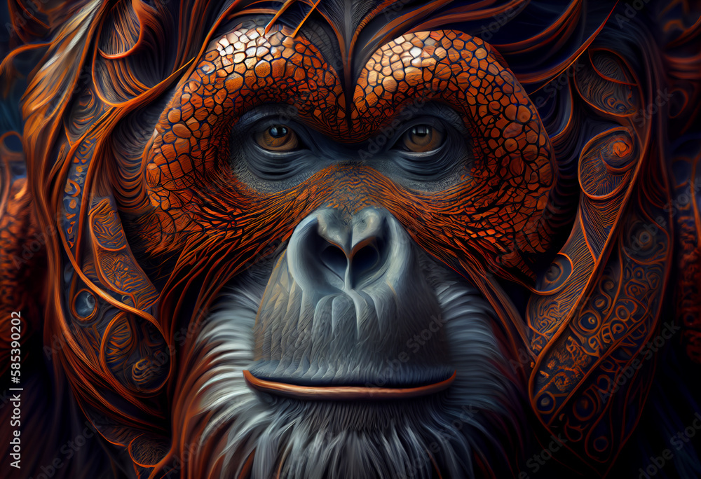 Poster A complex, multi-layered pattern of interlocking shapes that resembles a Orangutan's face. Generative AI technology.