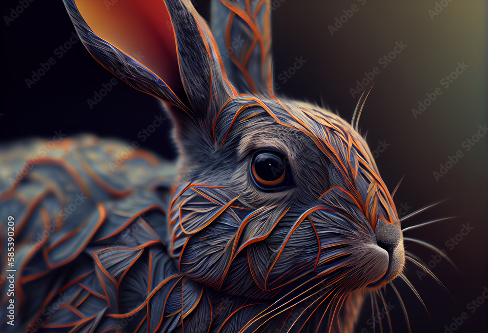 Poster A complex, multi-layered pattern of interlocking shapes that resembles a rabbit face.  Generative AI technology.
