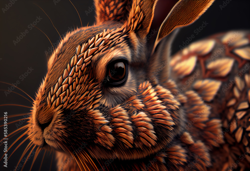 Poster A complex, multi-layered pattern of interlocking shapes that resembles a rabbit face.  Generative AI technology.
