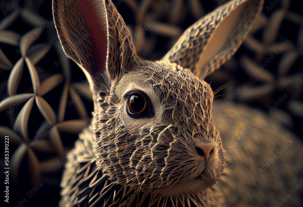 Aufkleber A complex, multi-layered pattern of interlocking shapes that resembles a rabbit face.  Generative AI technology.
