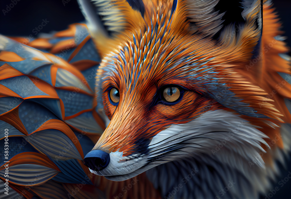 Poster A complex, multi-layered pattern of interlocking shapes that resembles a fox face.  Generative AI technology.
