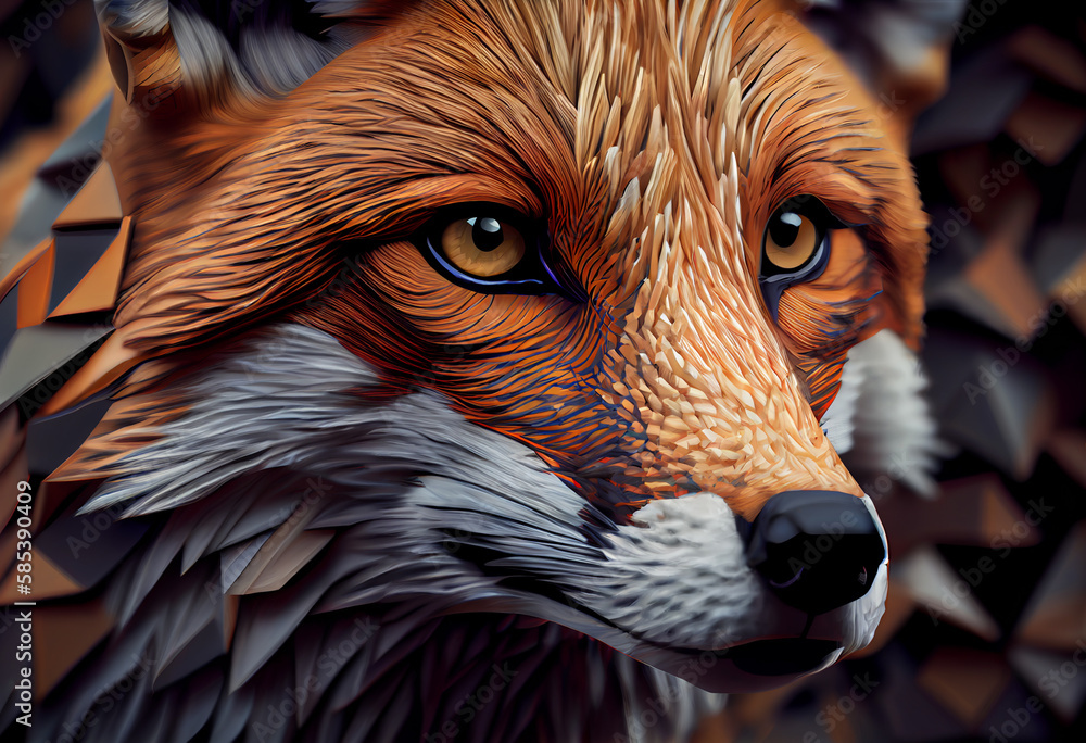 Poster A complex, multi-layered pattern of interlocking shapes that resembles a fox face.  Generative AI technology.
