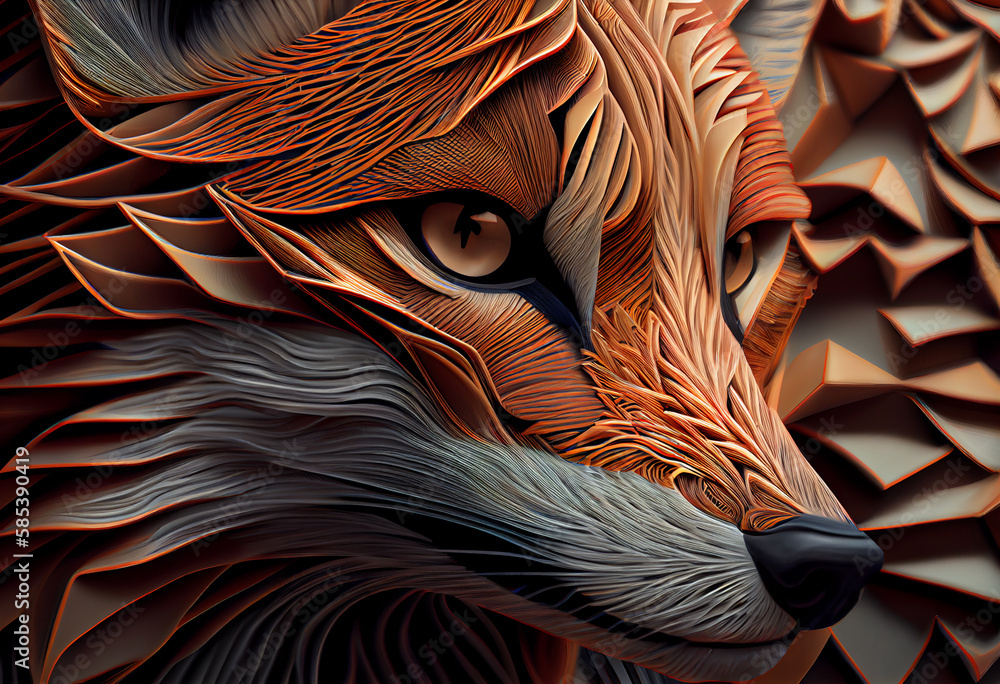 Aufkleber A complex, multi-layered pattern of interlocking shapes that resembles a fox face.  Generative AI technology.
