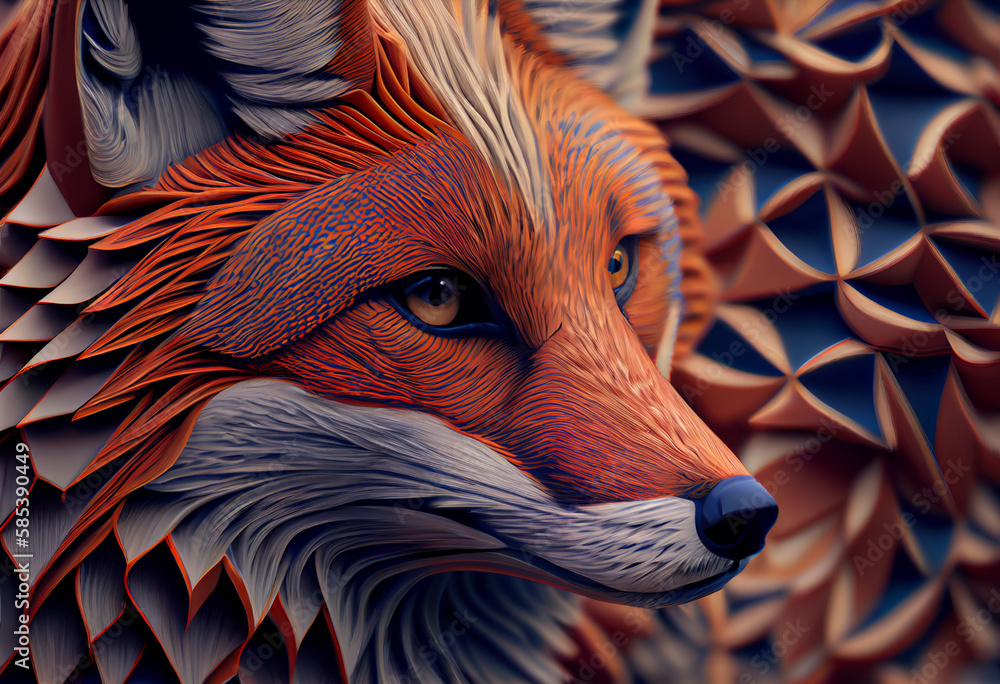 Poster A complex, multi-layered pattern of interlocking shapes that resembles a fox face.  Generative AI technology.
