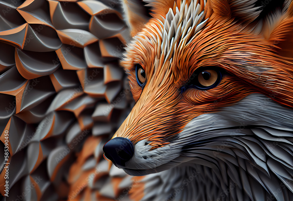Poster A complex, multi-layered pattern of interlocking shapes that resembles a fox face.  Generative AI technology.
