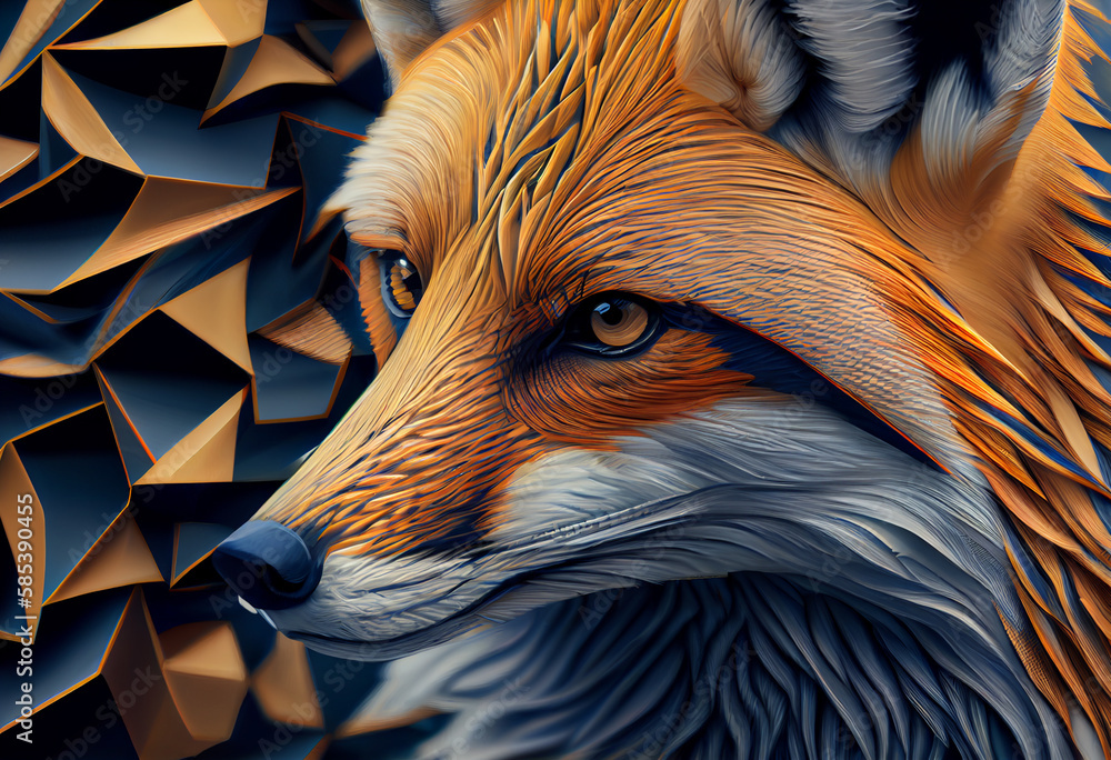 Aufkleber A complex, multi-layered pattern of interlocking shapes that resembles a fox face.  Generative AI technology.
