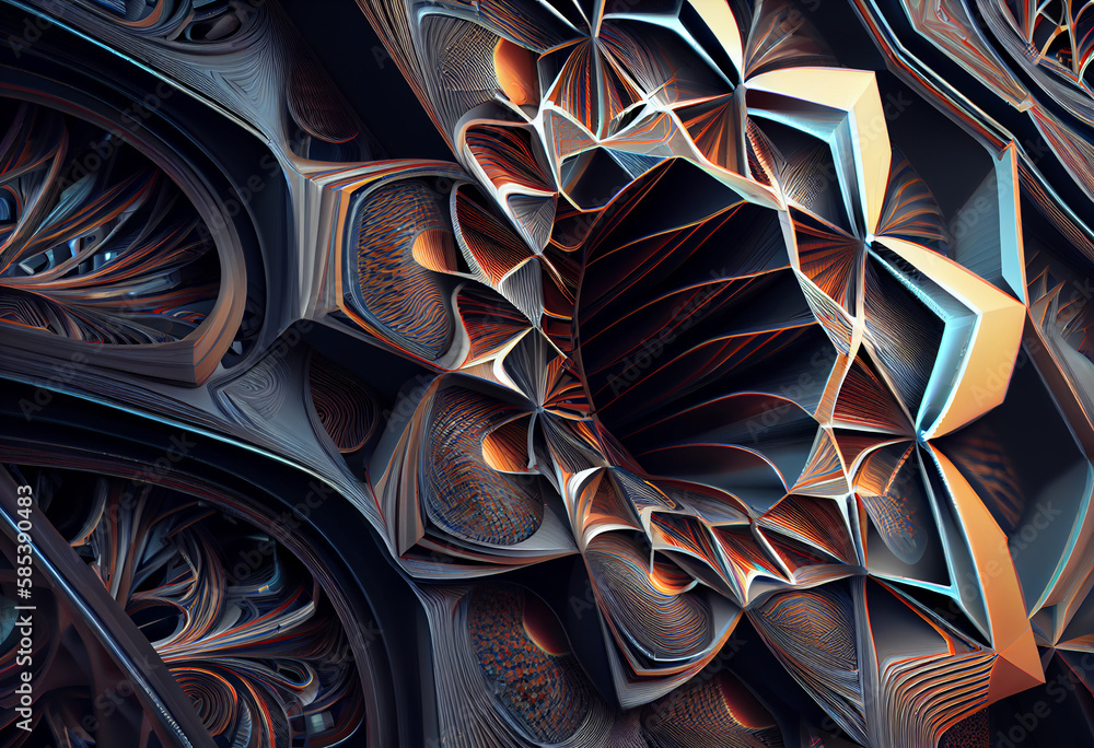 Poster a complex, multi-layered pattern of interlocking shapes that resembles a octopuss. generative ai tec