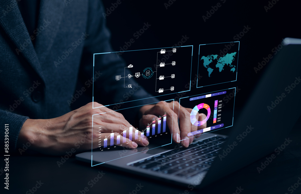 Poster data analytics and analyst working with computer in business management system to make report with k