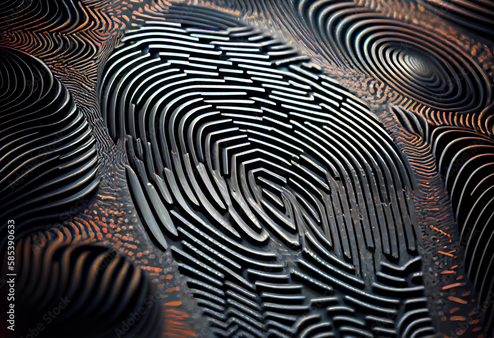 Aufkleber A complex, multi-layered pattern of interlocking shapes that resembles a Fingerprint.  Generative AI technology.
