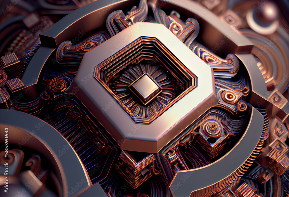 Poster A complex, multi-layered pattern of interlocking shapes that resembles a CPU.  Generative AI technology.
