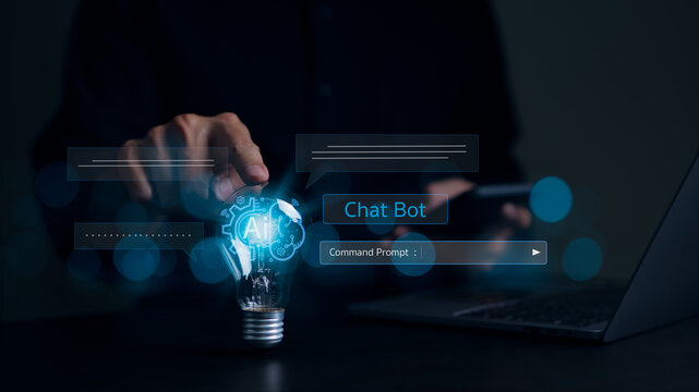 Ai tech, Business man using smartphones and touching light bulb. Chat with AI, Artificial Intelligence. using command prompt for generates something, intelligent automation technology, ChatGPT,