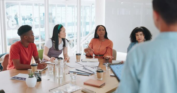 Meeting, question and group of business people in the office boardroom in a corporate discussion. Diversity, collaboration and professional employees working on a project together in the workplace.