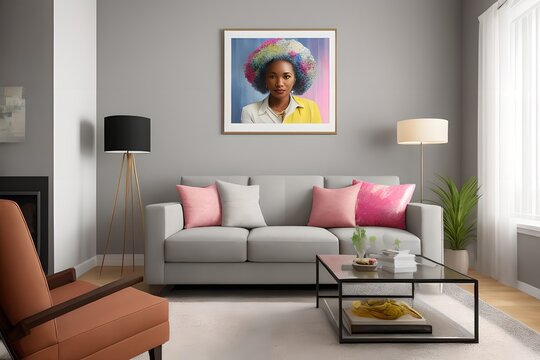 Portrait of a calm elderly african woman in a modern living room interior. Concept of active age. Generative AI