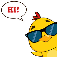 Yellow Chick Cartoon Character Wearing Sunglasses And Peeking Around A Corner With Speech Bubble. Hand Drawn Illustration Isolated On Transparent Background