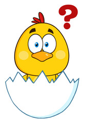 Cute Yellow Chick Cartoon Character Hatching From An Egg With Question Mark. Hand Drawn Illustration Isolated On Transparent Background