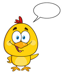 Obraz premium Cute Yellow Chick Cartoon Character Waving With Speech Bubble. Hand Drawn Illustration Isolated On Transparent Background