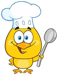 Happy Chef Yellow Chick Cartoon Character Holding A Spoon. Hand Drawn Illustration Isolated On Transparent Background