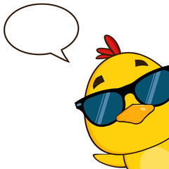 Yellow Chick Cartoon Character Wearing Sunglasses And Peeking Around A Corner With Speech Bubble. Hand Drawn Illustration Isolated On Transparent Background