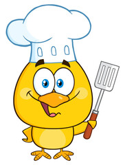 Happy Chef Yellow Chick Cartoon Character Holding A Slotted Spatula. Hand Drawn Illustration Isolated On Transparent Background
