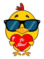 Cute Yellow Chick With Sunglasses Cartoon Character Holding A Be Mine Valentine Love Heart. Hand Drawn Illustration Isolated On Transparent Background