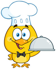 Happy Chef Yellow Chick Cartoon Character Holding A Cloche Platter. Hand Drawn Illustration Isolated On Transparent Background