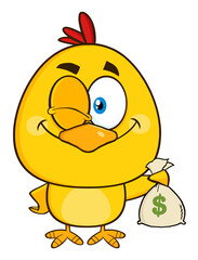 Yellow Chick Cartoon Character Winking And Holding A Money Bag. Hand Drawn Illustration Isolated On Transparent Background
