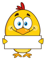 Yellow Chick Cartoon Character Holding A Blank Sign. Hand Drawn Illustration Isolated On Transparent Background
