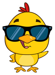 Yellow Chick Cartoon Character Wearing Sunglasses Waving. Hand Drawn Illustration Isolated On Transparent Background