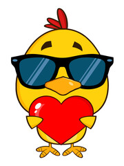 Yellow Chick With Sunglasses Cartoon Character Holding A Valentine Love Heart. Hand Drawn Illustration Isolated On Transparent Background