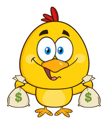 Funny Yellow Chick Cartoon Character Holding Money Bags. Hand Drawn Illustration Isolated On Transparent Background